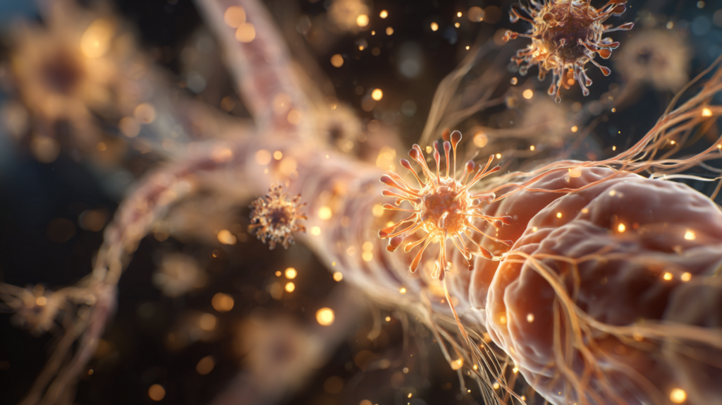 Abstraktní vizualizace propojení mozku a střeva přes nervovou síť a serotonin.